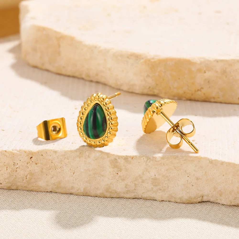 Stainless Steel Jewelry For Women Water Drop Gold Color Rings Sets Vintage Green Natural Stone Jewelry Anniversary Gift 2023 New