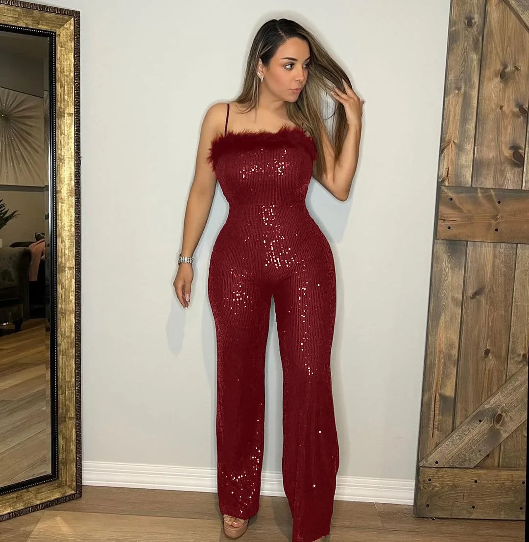 Sexy Nightclub Party Dance Gathering Club Banquet Leisure Strappy Fleece-Patchwork Sequined Jumpsuit