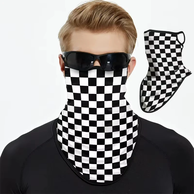 Breathable Cycling Face Mask - Checkerboard Pattern Ear-Hanging Head Scarf Neck Gaiter, Unisex Bicycle/Motorcycle Head Cover for