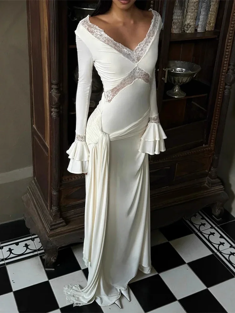 

2025 White Elegant Lace Dress For Women Fashion Patchwork Drape Maxi Dresses Party Club Sexy Hollow Long Sleeve Evening Dress