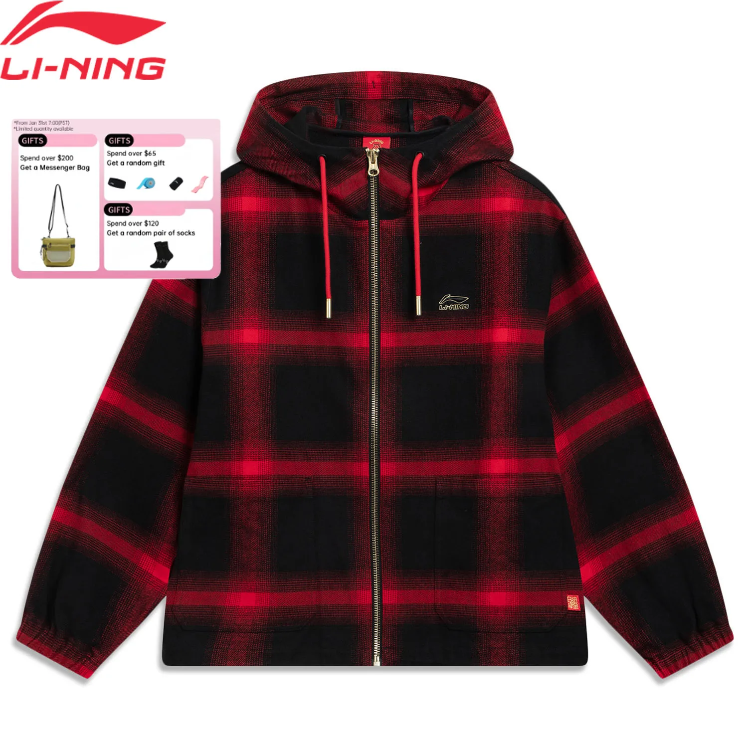 

Li-Ning Men's Sports Style Coats Fashionable Comfortable Red Plaid LiNing Hooded Casual Jackets AFDW137