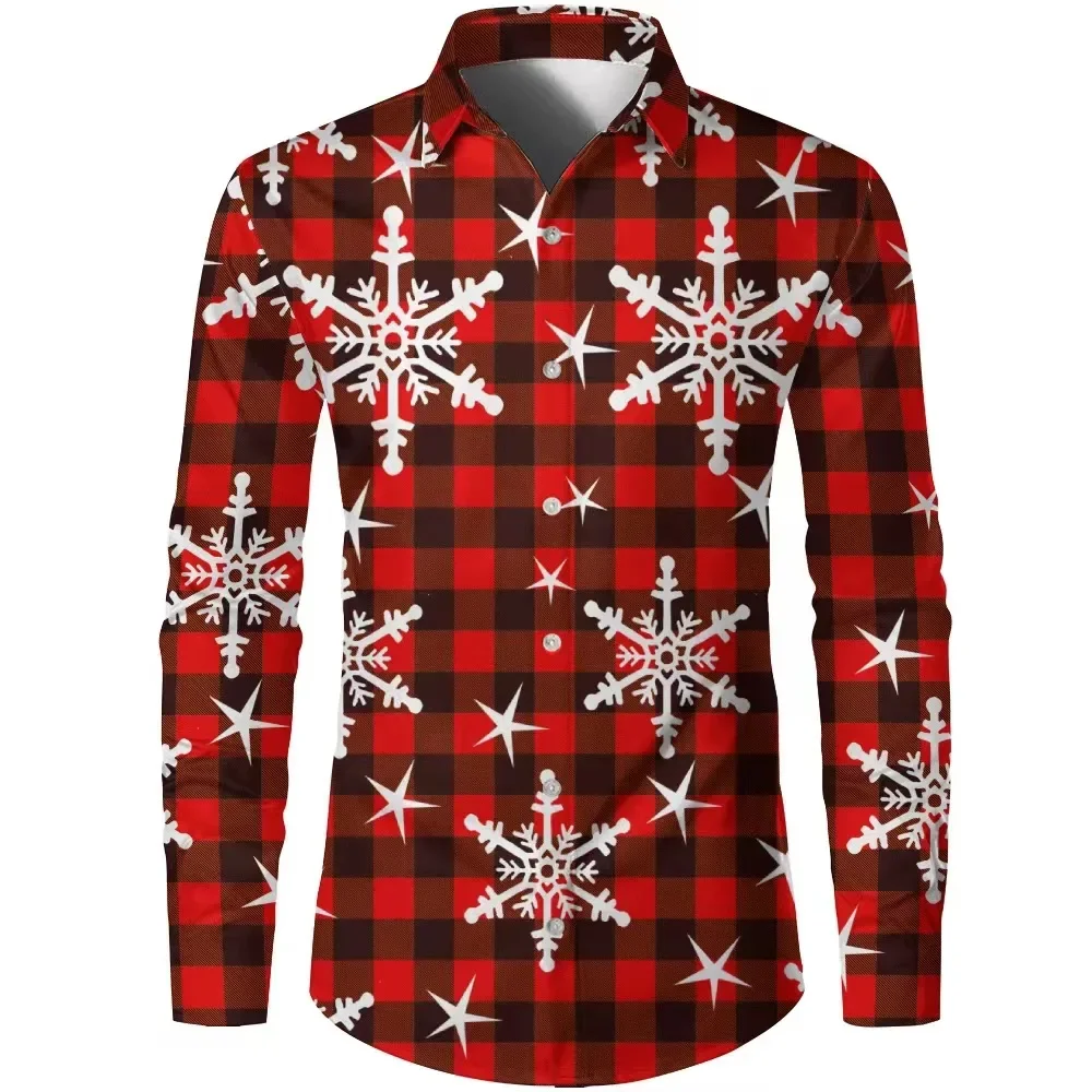 Men's Shirt Plaid Snowflake Christmas 3D Printing Shirt Christmas Street Long Sleeve Button Clothing Fashion Design Casual Soft