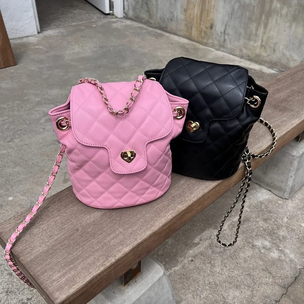 

FIRMRANCH Autumn Winter High Quality Cowhide Classic Lingge Quilted Cute Love Lock Button Women's Backpack Leisure Travel Bag