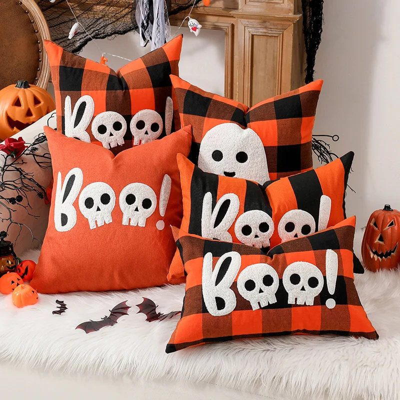 

Orange Halloween Ghost Patch Embroidered Cushion Cover Party Horror Atmosphere Decoration Pillow Cover Festival Pillowcase