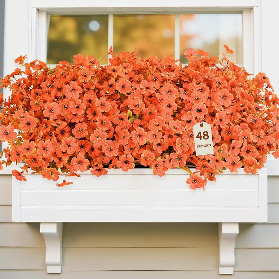 

48 Bundles Artificial Mums Flowers for Outdoors Decoration, UV Resistant Silk Violet Faux Colorful Violet Eucalyptus Fall Fake P