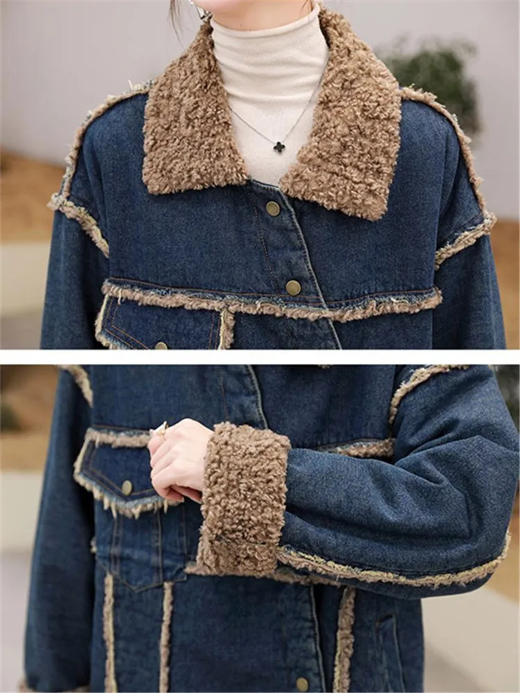 Veste d'Hiver en Denim pour Femme, Vêtements de Mode Coréenne, en Peluche, Velours, Chaud, en Laine d'Agneau, Style Cowboy, Grande Taille