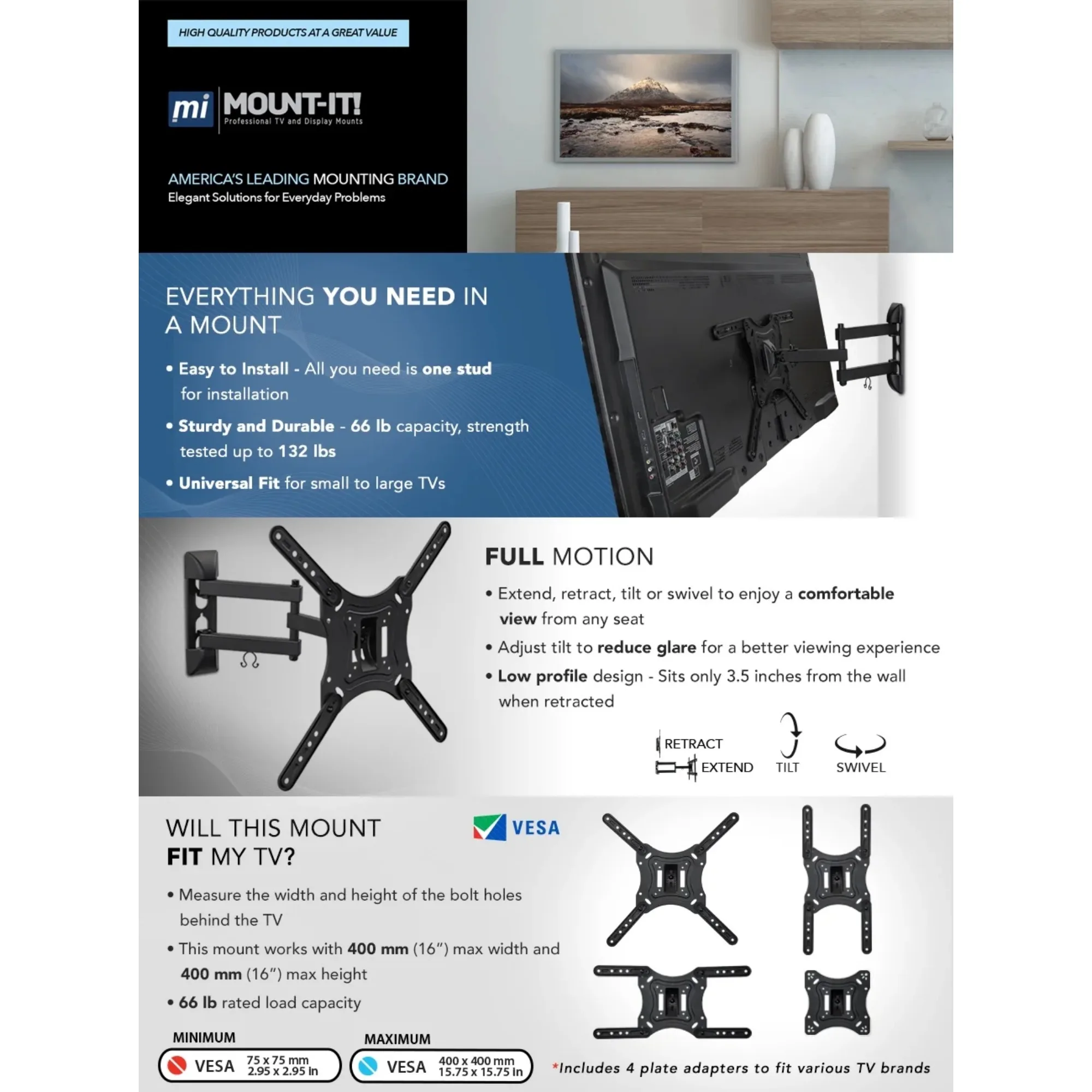 حامل تلفزيون على الحائط بذراع دوار لأجهزة التلفاز ذات الشاشة المسطحة مقاس 28 بوصة و32 بوصة و40 بوصة و43 بوصة و48 بوصة و50 بوصة و55 بوصة #4