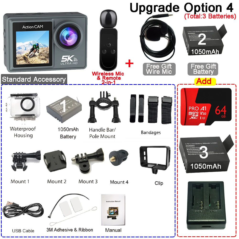 5K 4K60FPS actiecamera Dubbele IPS Touch LCD DVR EIS 170 °   30M waterdichte 5-x zoom sportcamera met draadloze microfoon en afstandsbediening