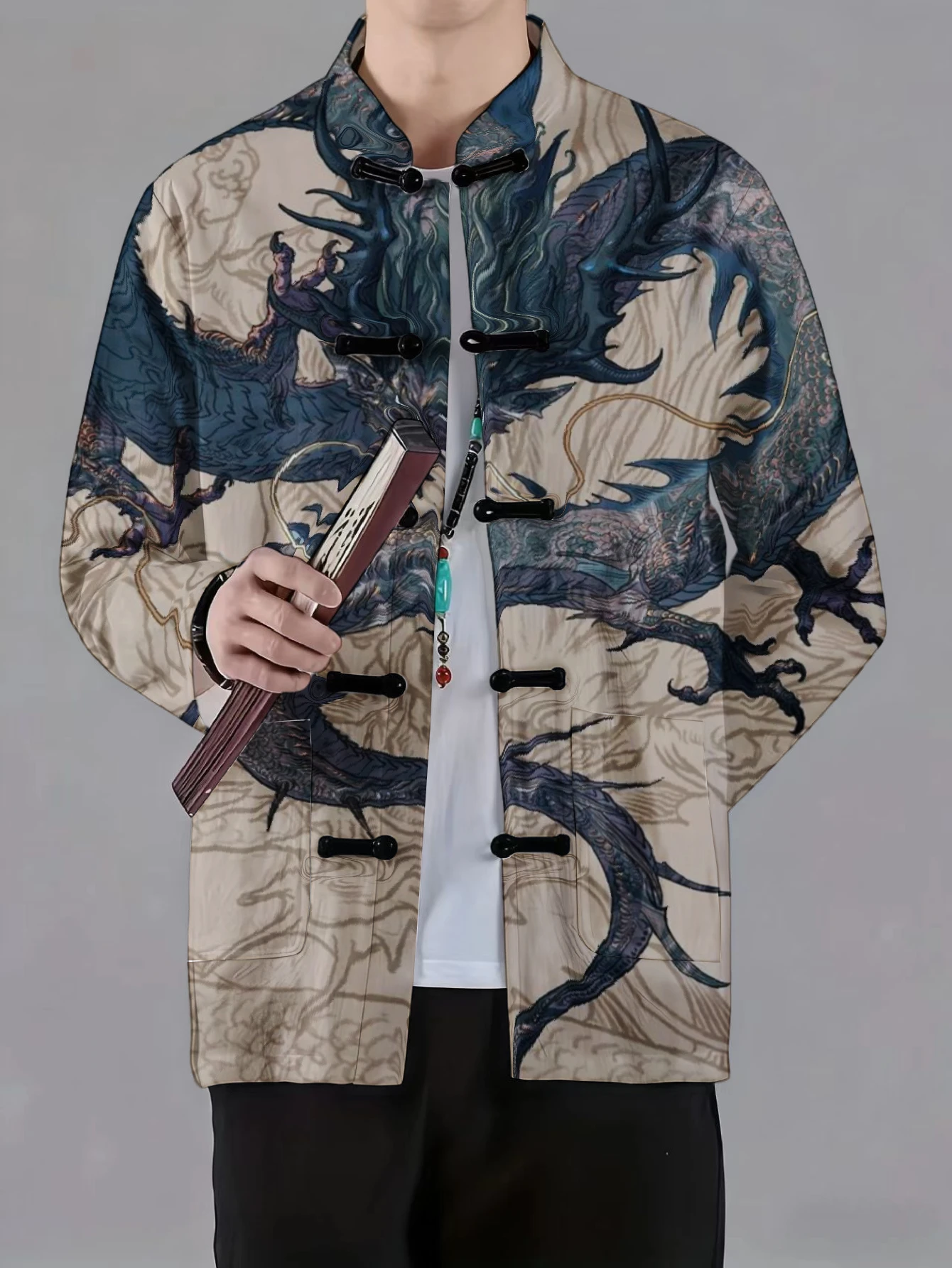 Men Mandarin Collar Frog Button Jacket Wildlife Floral Art Print Traditional Outerwear