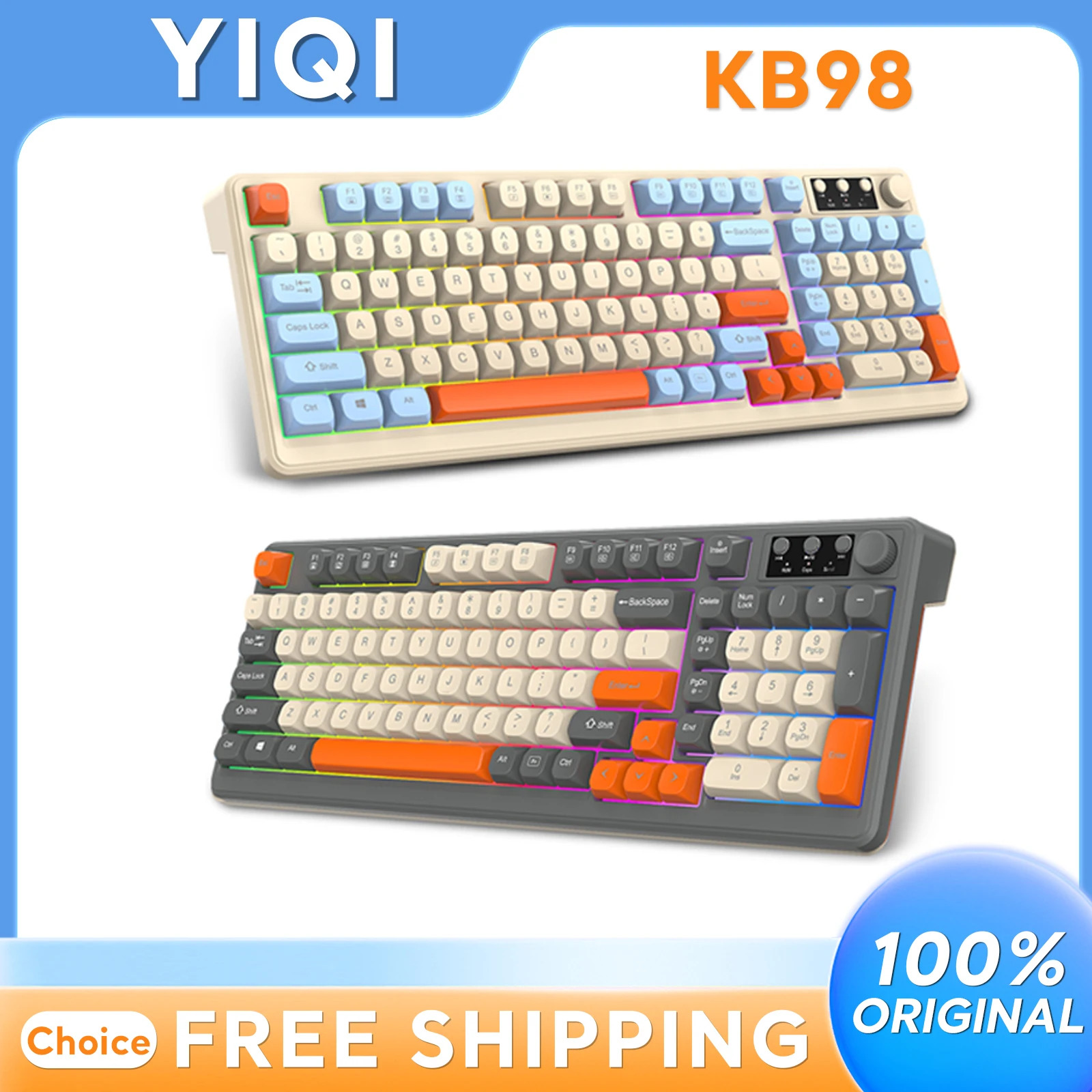 

YIQI KB98 Беспроводная игровая клавиатура, трехрежимная Bluetooth 2,4G, проводное соединение, RGB-подсветка, большая батарея, 98 клавиш, колпачки для клавиш из ПБТ, ручка