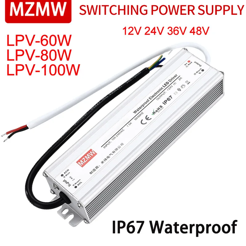 MZMW Switching Power Supply LPV-60W 80W 100W AC DC12V 24V 36V Volt IP67 Waterproof Single Output LED Driver Lighting Transformer