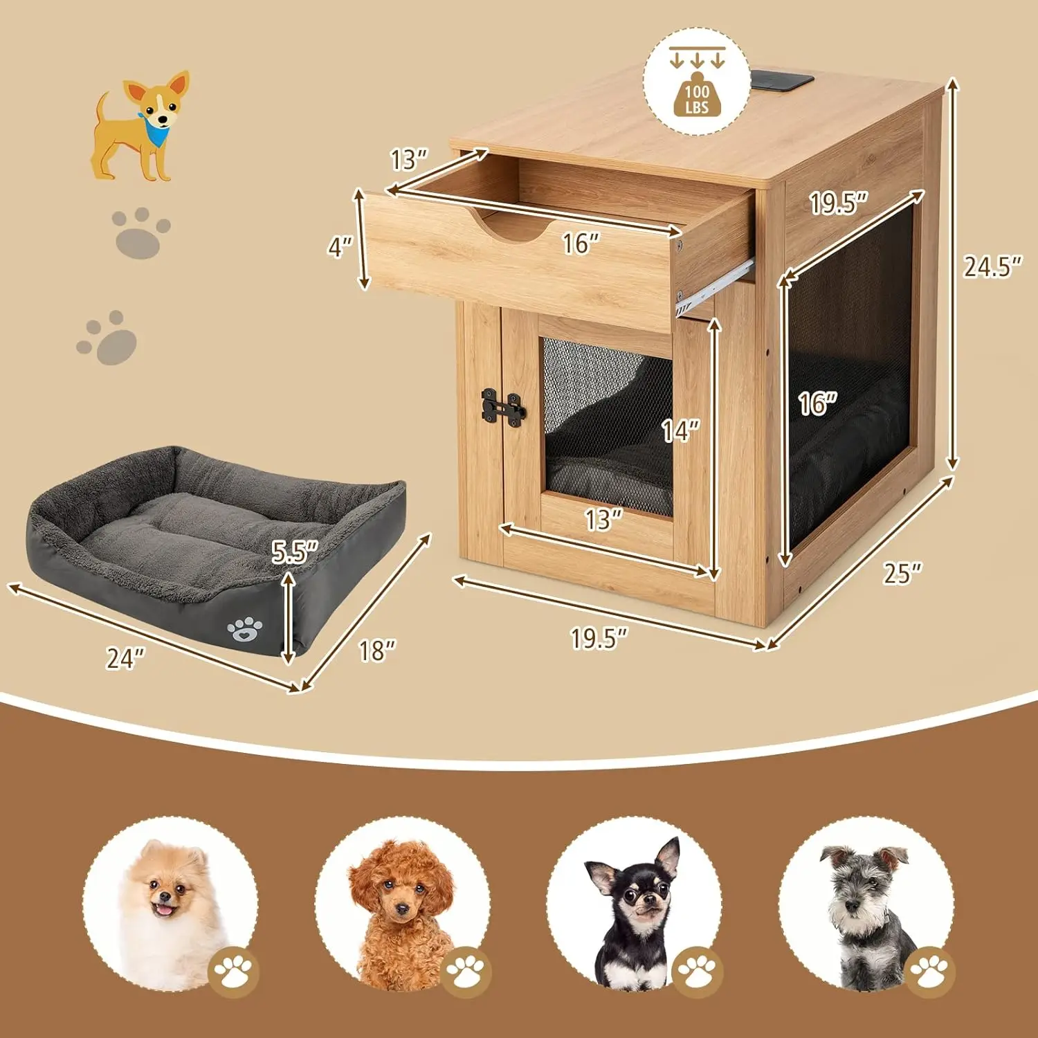 Giantex Dog Crate Furniture, Wooden Dog Kennel End Table with Removable Cushion, Storage Drawer, Latched Door