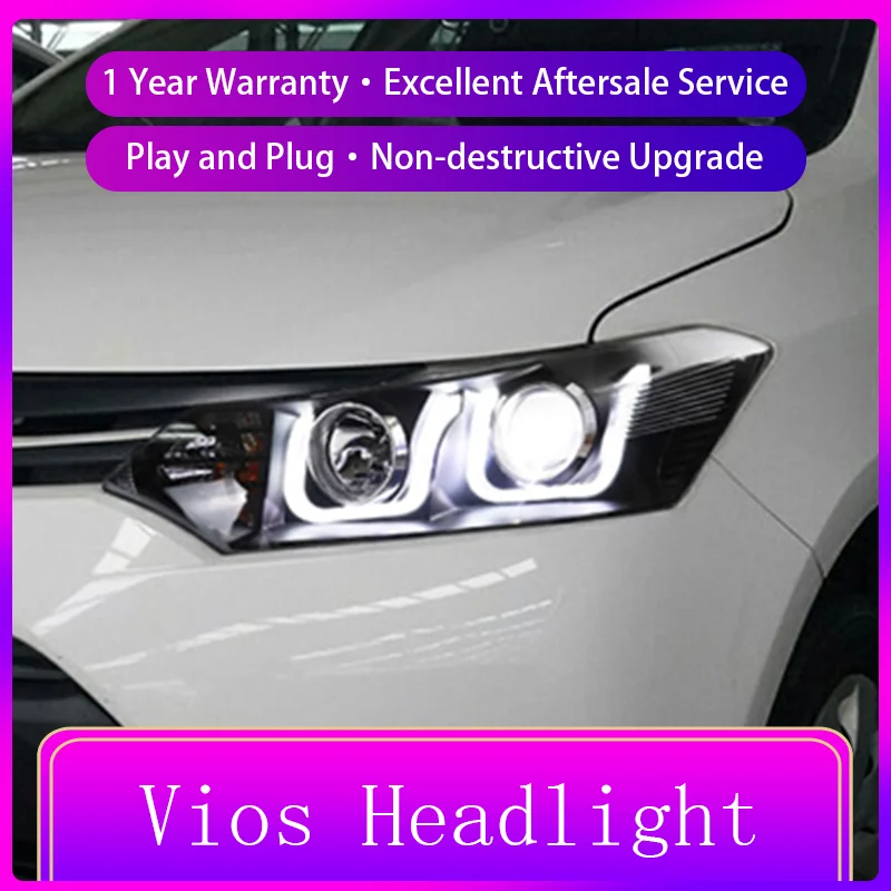 A Pair of Car Styling For Toyota Vios 2013-2016 Front Light DRL Head Lamp LED Projector Lens Headlights Automatic Accessories