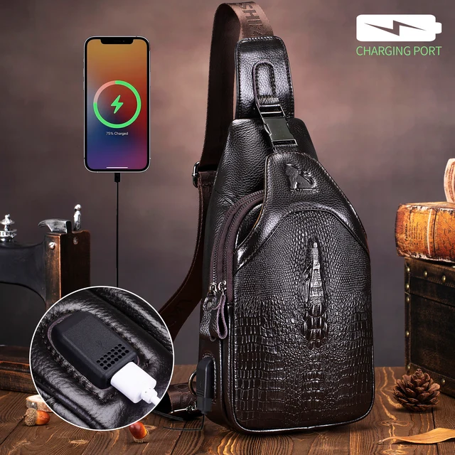 Męska skórzana torba na klatkę piersiową, torba crossbody, wielofunkcyjna torba ze wzorem krokodyla z torbą na ramię z ładowaniem USB