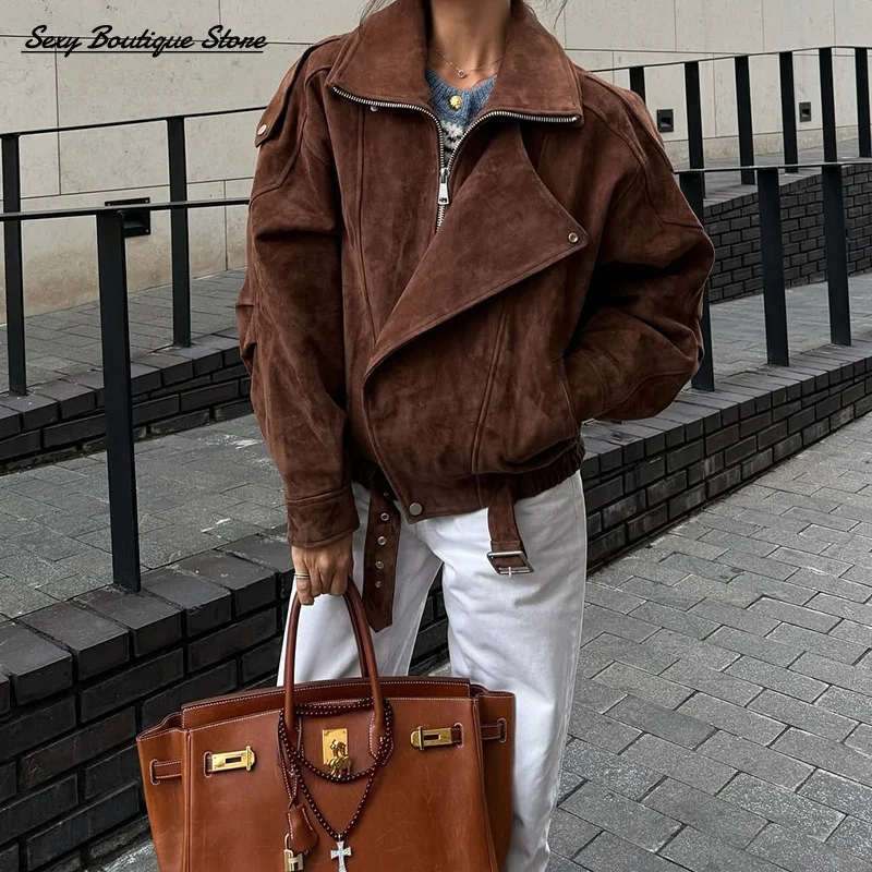 Vintage Fashion Faux Suede Jacket For Women Long Sleeve Lapel Oversize Coat Casual Zipper Outwear 2025 New Lady Commuter Clothes