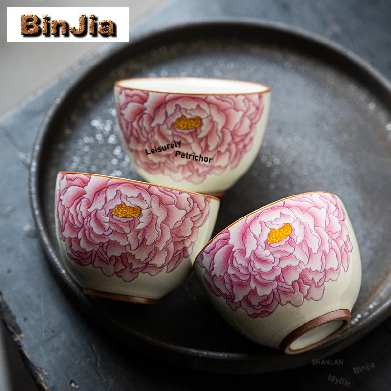 

50ml Pastel Peony Flower Ru Kiln Porcelain Teacup Tea Bowl Cup For Tea Tea-tasting Meditation Cup Chazhan Master Cups Tea Set