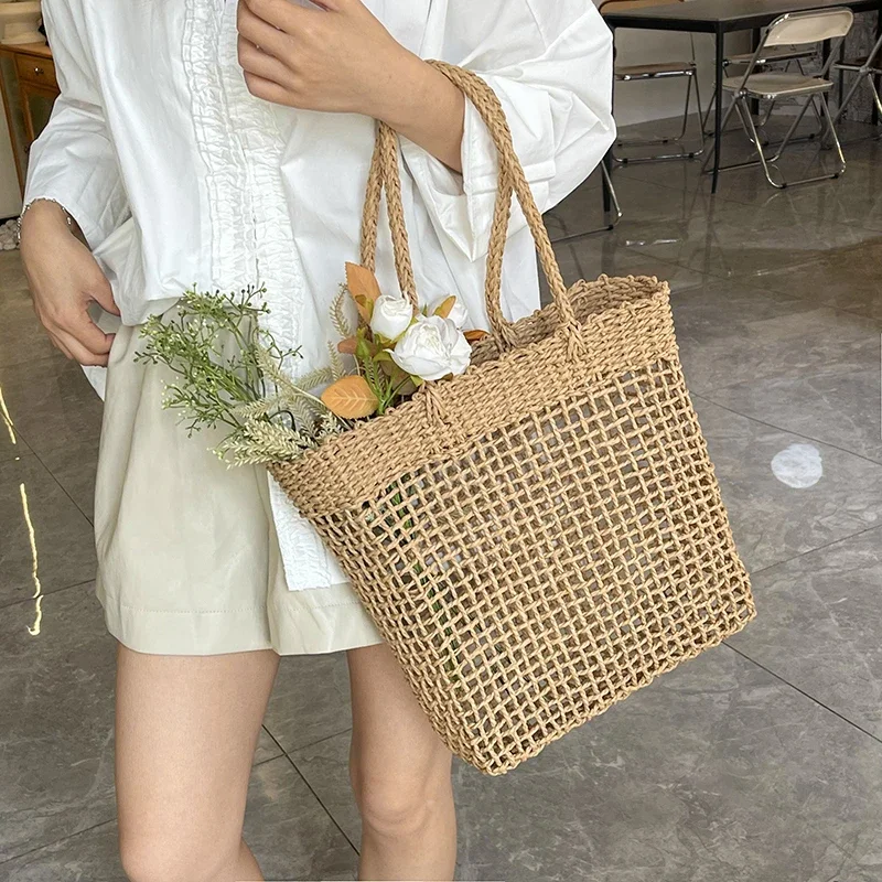 

ashion Women's Hollow Woven Shoulder Bags Large Capacity Knitting Underarm Bag Solid Crochet Tote Handbag Summer Mesh Beach Bag