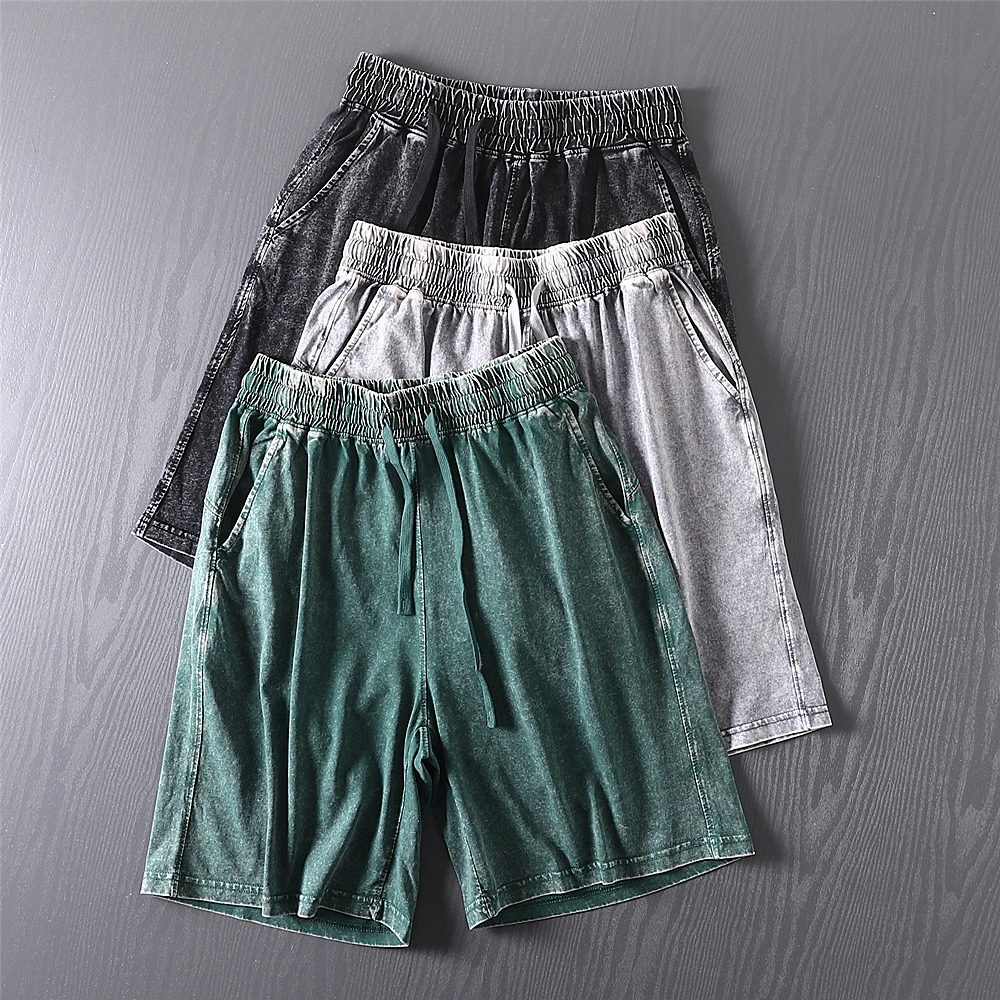 Retro American Enzyme Washed Distressed Cotton Casual Men's Shorts Elastic Waist Straight Leg Five-inch Denim Shorts