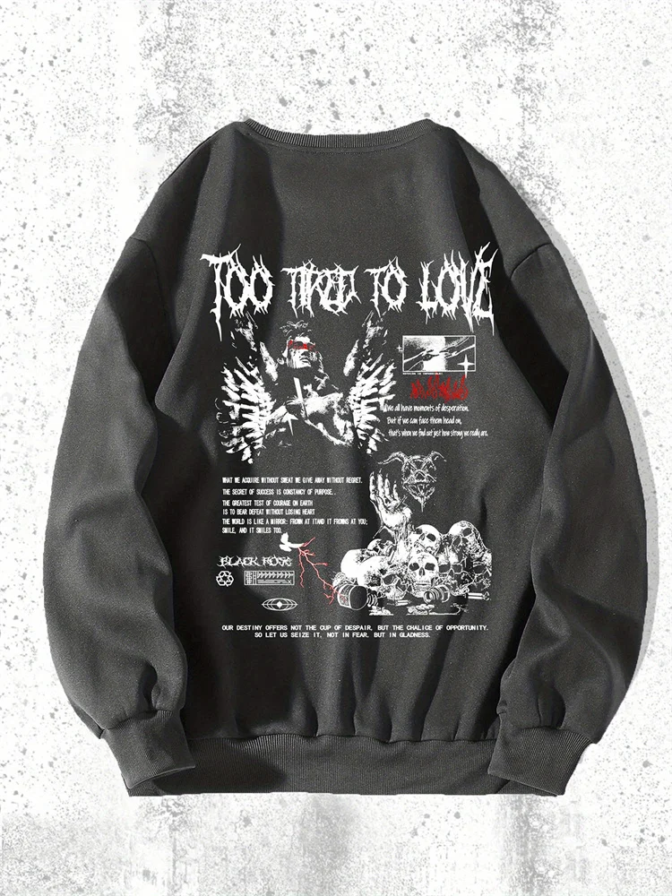 

Too Tired To Love Printed Men's Casual Pullover, Loose Long-sleeved Comfortable Sweatshirt, Suitable for Daily Outdoor Wear