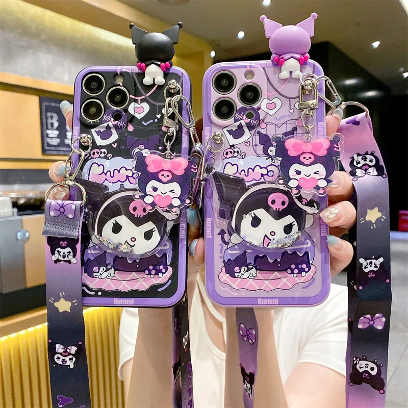

Iphone 16 14 15 13 12 Max X Xr Plus Pro Se 8 Cute Kuromi Phone Case Girl Silicone Soft Cute Support Portable Shoulder Strap Gift