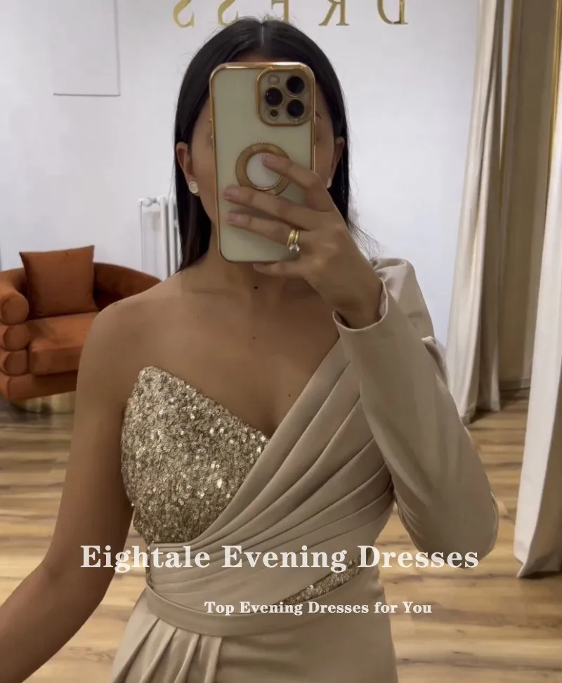 Eightale Arabic Evening Dresses One Long Sleeve Satin Mermaid Prom Gown Satin Champagne Wedding Guest Party Gown Robes De Soirée