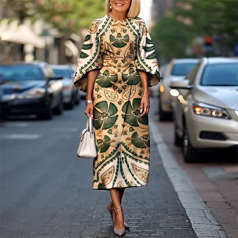 Casual Slim Pattern Print Office Lady Dress Chic O Neck Flare Sleeve Boho Long Dress Summer Vacation High Waist Woman Prom Dress