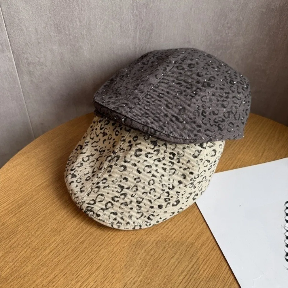 

Cool Rhinestone Leopard Print Beret Y2k Classic Forward Hat American Style Flat Painter Cap Spicy Girls