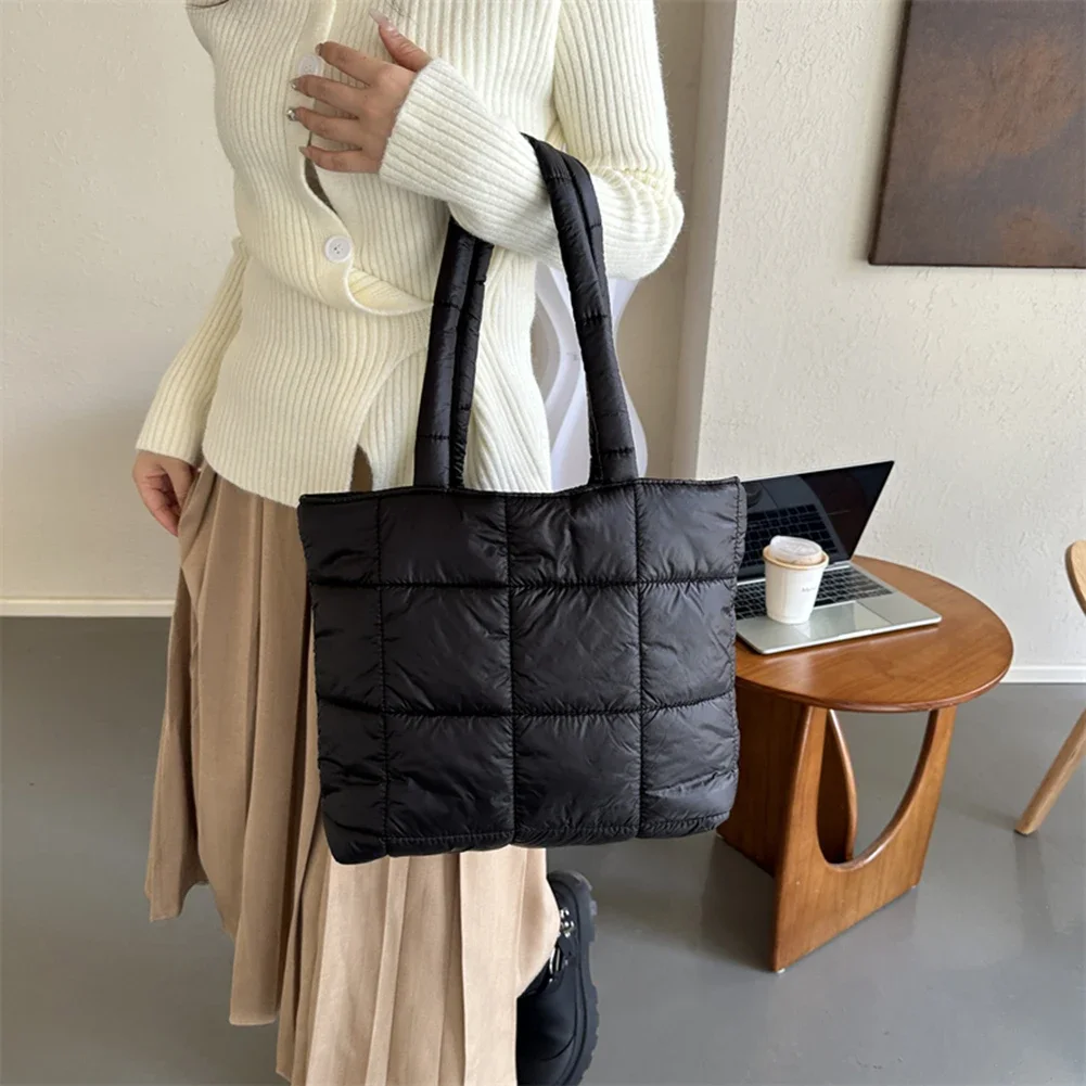 Quilted Puffer Tote Bag for Women Cotton Down Padded Shoulder Bag Winter Puffy Shopper Handbag Large Capacity Top Handle Bag