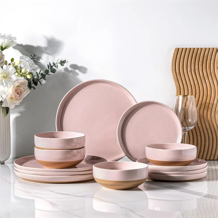

Ceramic Dinnerware Sets for 4 12 Pieces Handpainted Plates and Bowls Set with Rustic Terracotta Underside Scratch Resistant Sto