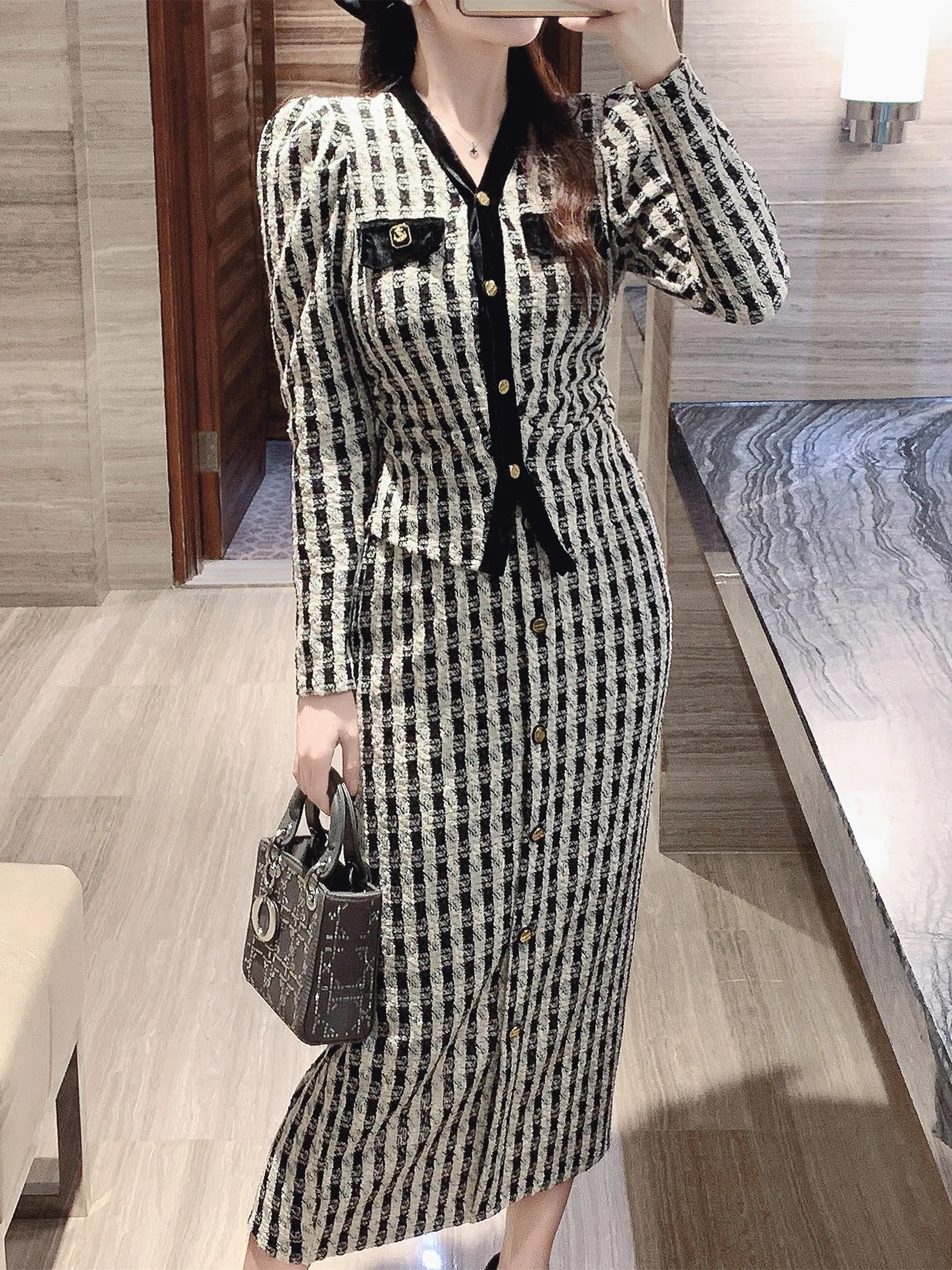 Autumn New Temperament Plaid Jacket Coat Women 2 Piece Set outfits Korean Fashion Puff Sleeve Outerwear +Bodycon Skirt Sets