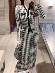 Autumn New Temperament Plaid Jacket Coat Women 2 Piece Set outfits Korean Fashion Puff Sleeve Outerwear +Bodycon Skirt Sets