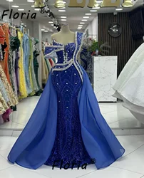 Luxury Royal Blue Dubai Evening Dresses with Detachable Train Silver Crystal Stones Beaded Mermaid Wedding Party Dress Vestidos