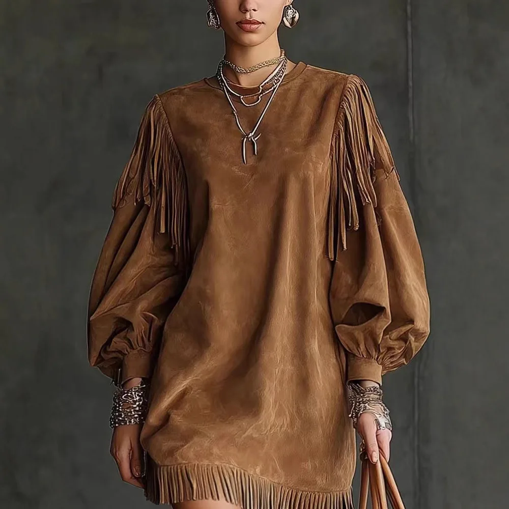 Limited-time Discount! Spot 2026 New Models, Round Neck Tassel Loose Lantern Sleeves Long Sleeves Solid Color Dress Short Skirt