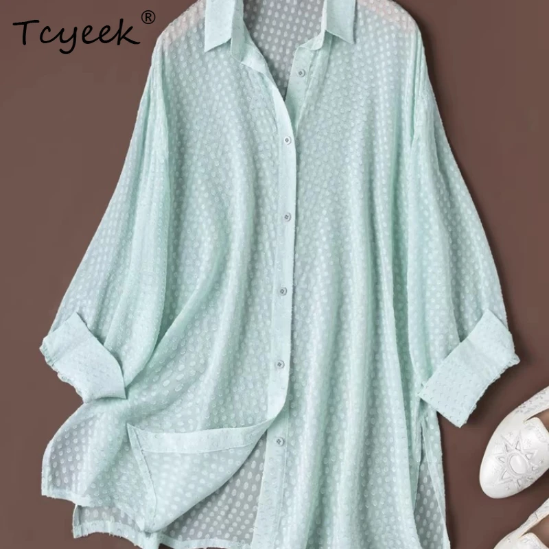 

Tcyeek 100% Mulberry Silk Shirt Elegant Shirts for Women Loose Fit Summer Clothes Fashion Mid-length Ladies Tops Oversize Camisa