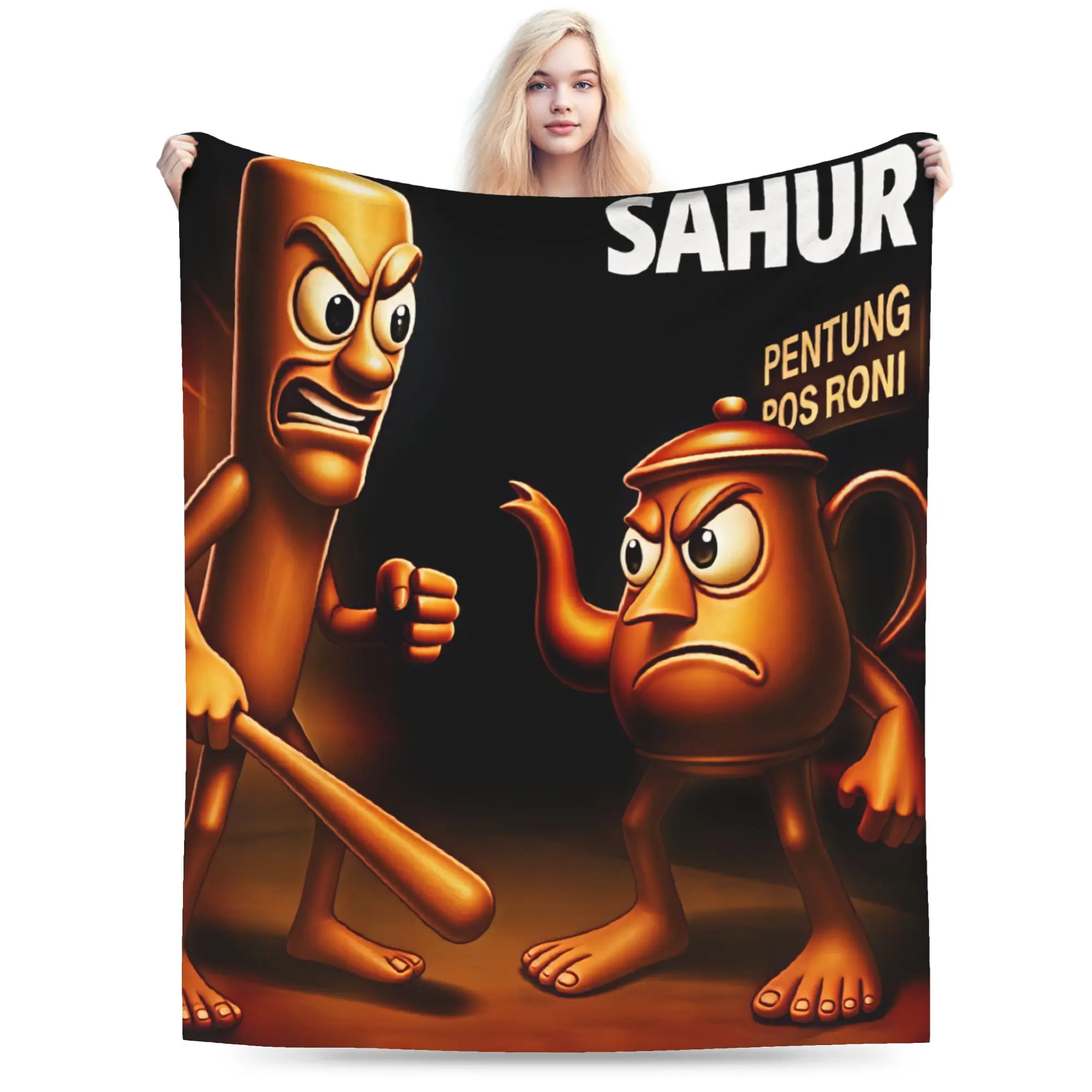 Tung Tung Sahur Angry Teapot Battle Funny Meme Warm Soft Blankets Travel Bedding Throws Bedroom Flannel Bedspread Sofa Bed Cover
