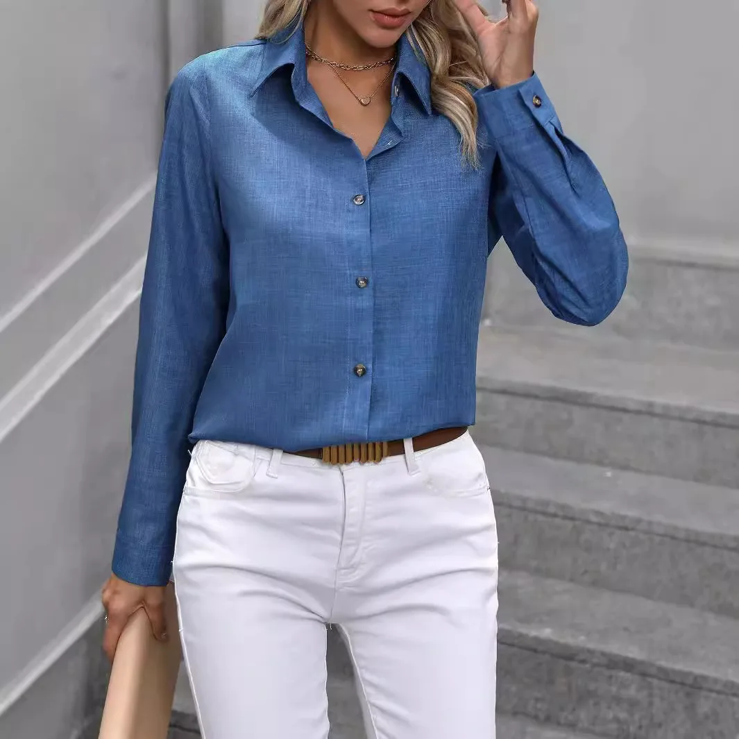 Women's New Shirt Long Sleeve Blue Lapel Office Elegant High Quality Single Breasted Shirt Simple Tops Blouse Women