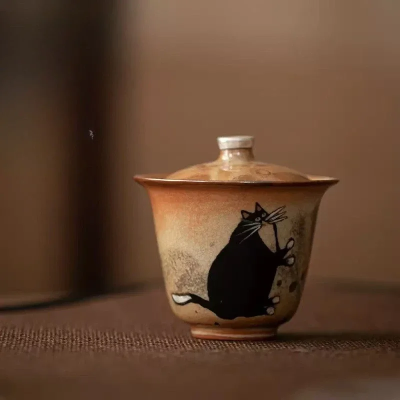 

100ML Zhi Wildcat Tingtao Cover Bowl Kiln Change Ercai Cover Bowl Tea Bowl Imitation Firewood Burning Hand Painted Silver Craft