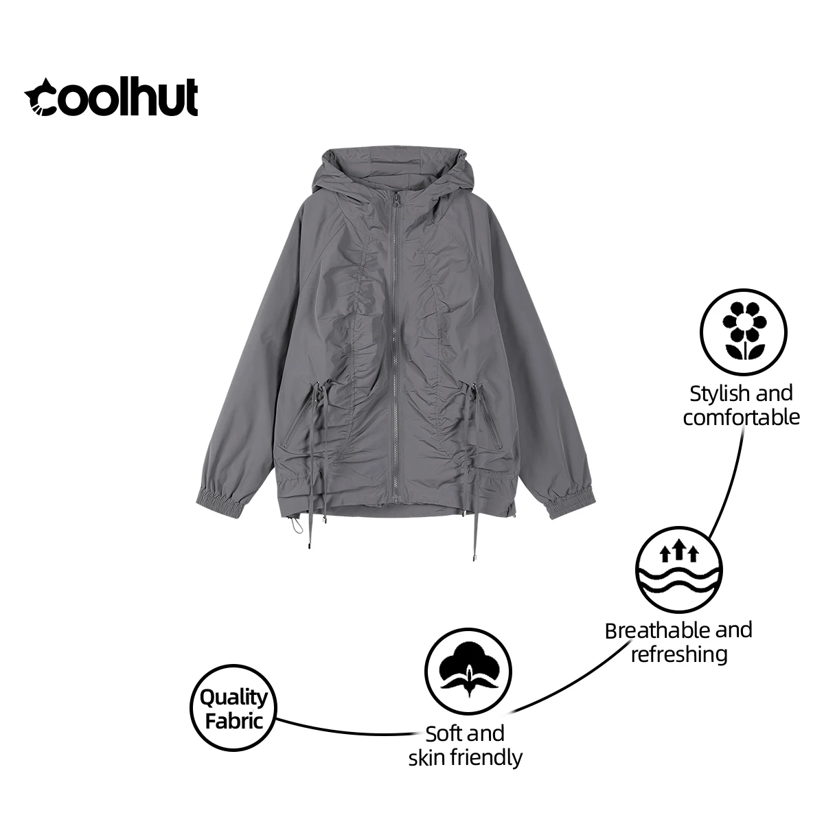 COOLHUT Feminino 2025 Casual Blusão com Capuz Minimalista Plissado Jaqueta Solta com Cordão Leve Casacos de Outono