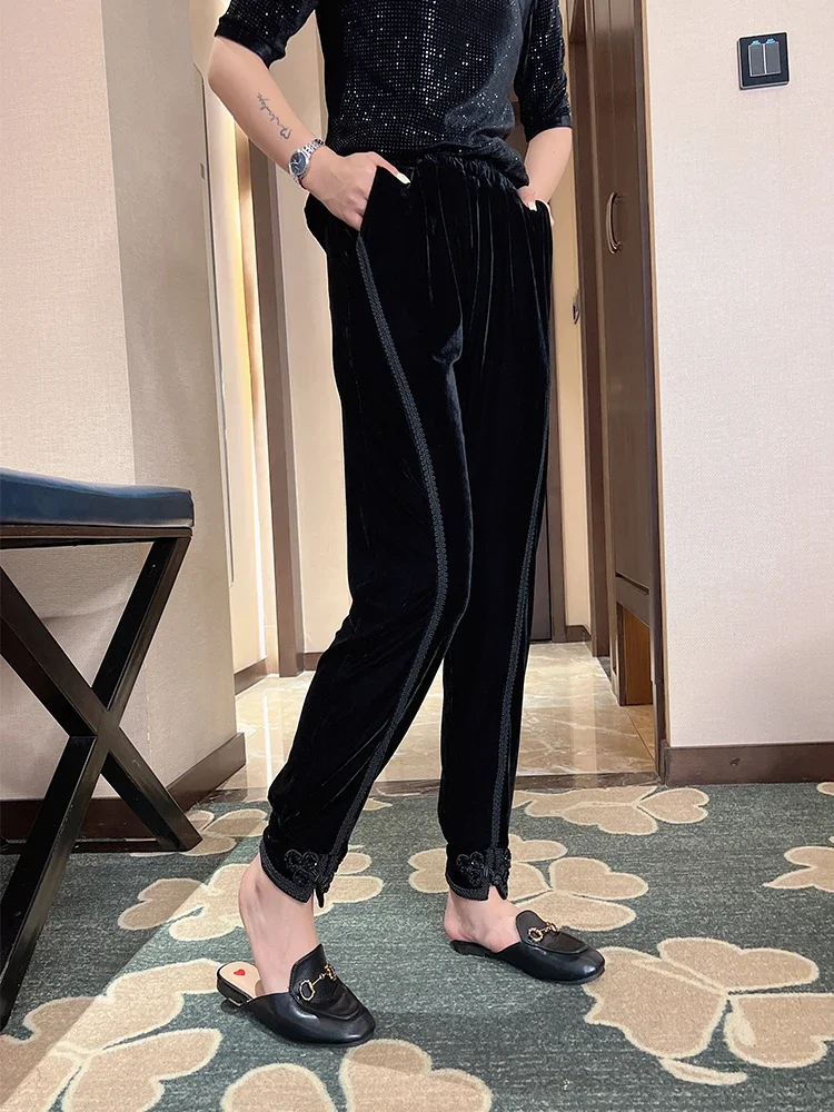 Golden Velvet Split Pencil Pants for Women's Autumn Winter New High Waist Plate Buckle Pants for Women's Fashion Feet Pant