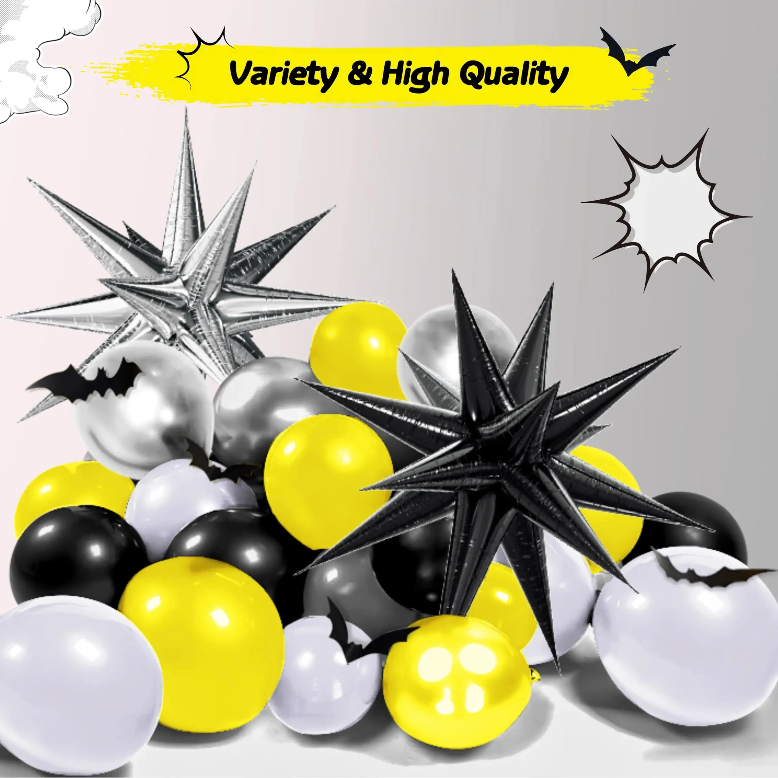 Balloons Arch Garland for Boys,Black Bat Theme Man with Starburst,Birthday Party Decorations, Baby Shower, Black, Yellow, Silver