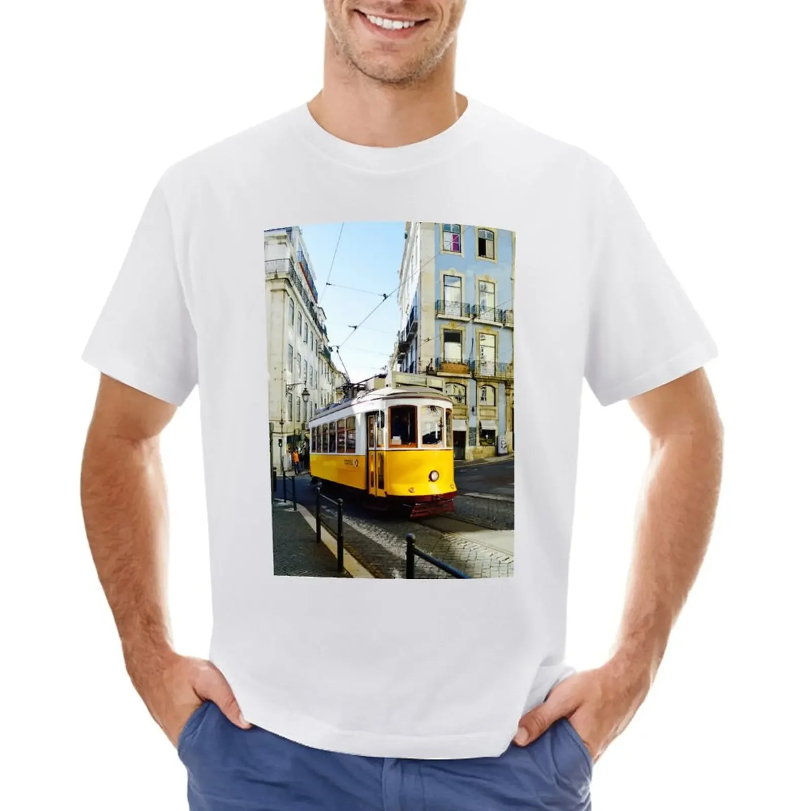 Lisbon Yellow Tram T-shirt hippie clothes Blouse heavyweights men clothings