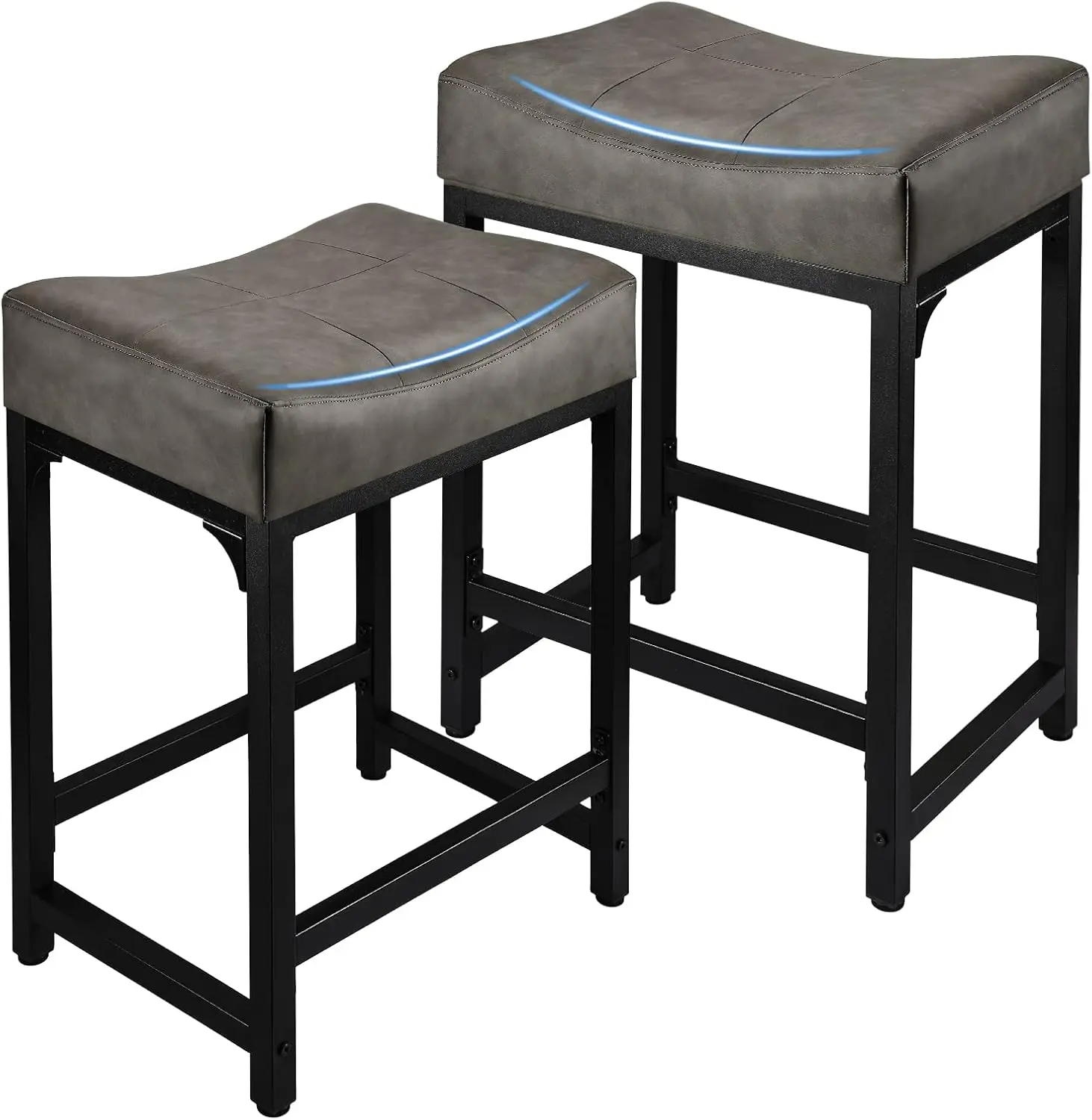 

Set of 2 Modern Grey Counter Height Bar Stools with Thick Saddle Seats and Metal Frame for Kitchen Island