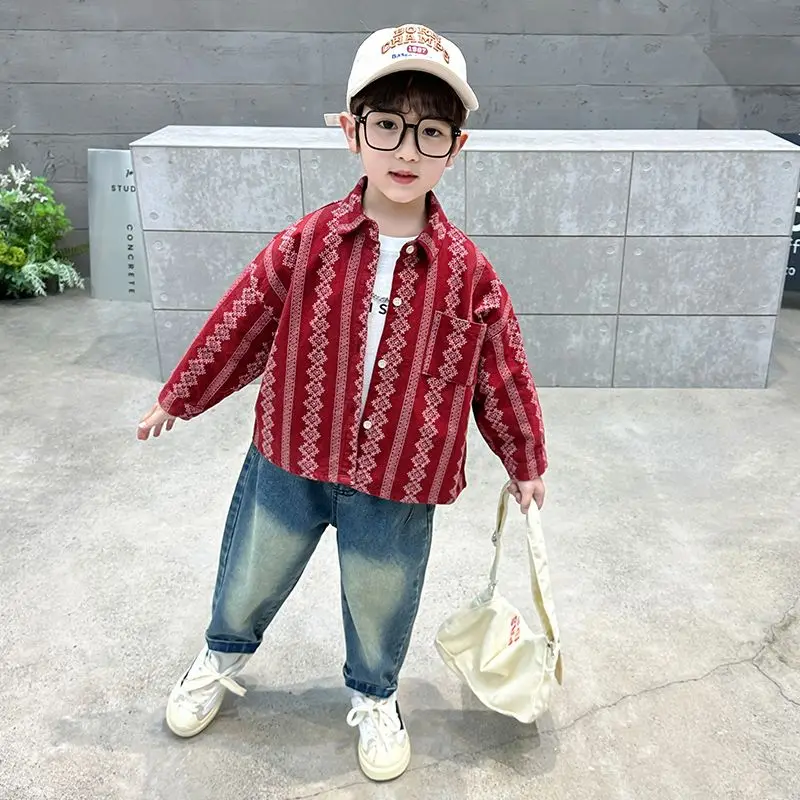 

Bohemian Retro Boys Striped Floral Long Sleeve Cotton Shirt Kids Spring Casual Wear