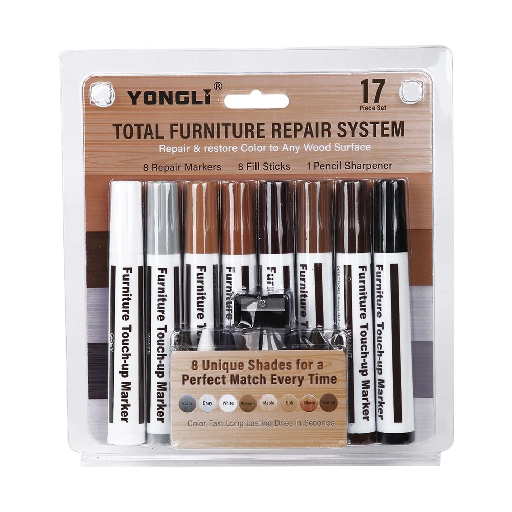 17PCs Wooden Furniture Scratching Repair Touch Up Paint Pens Crayons Worn Blemish Concealing Tool Set (8 Floor Pen + 8 Crayon +