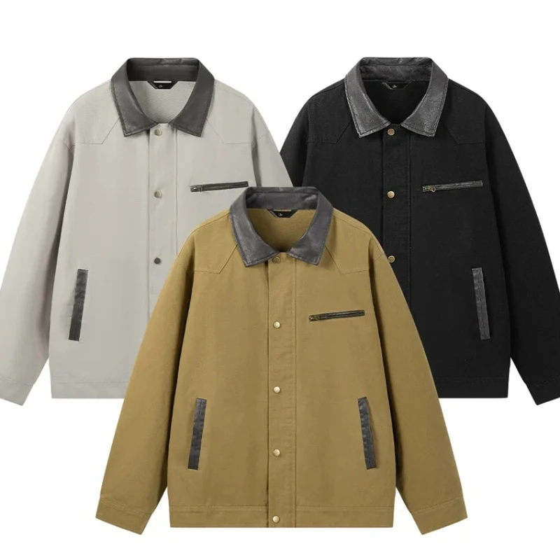 

Business Men's Detroit Workwear Jacket Washed Cotton Vintage Patchwork Lapel Coat Men New Arrival Windproof Warm Casual Menswear