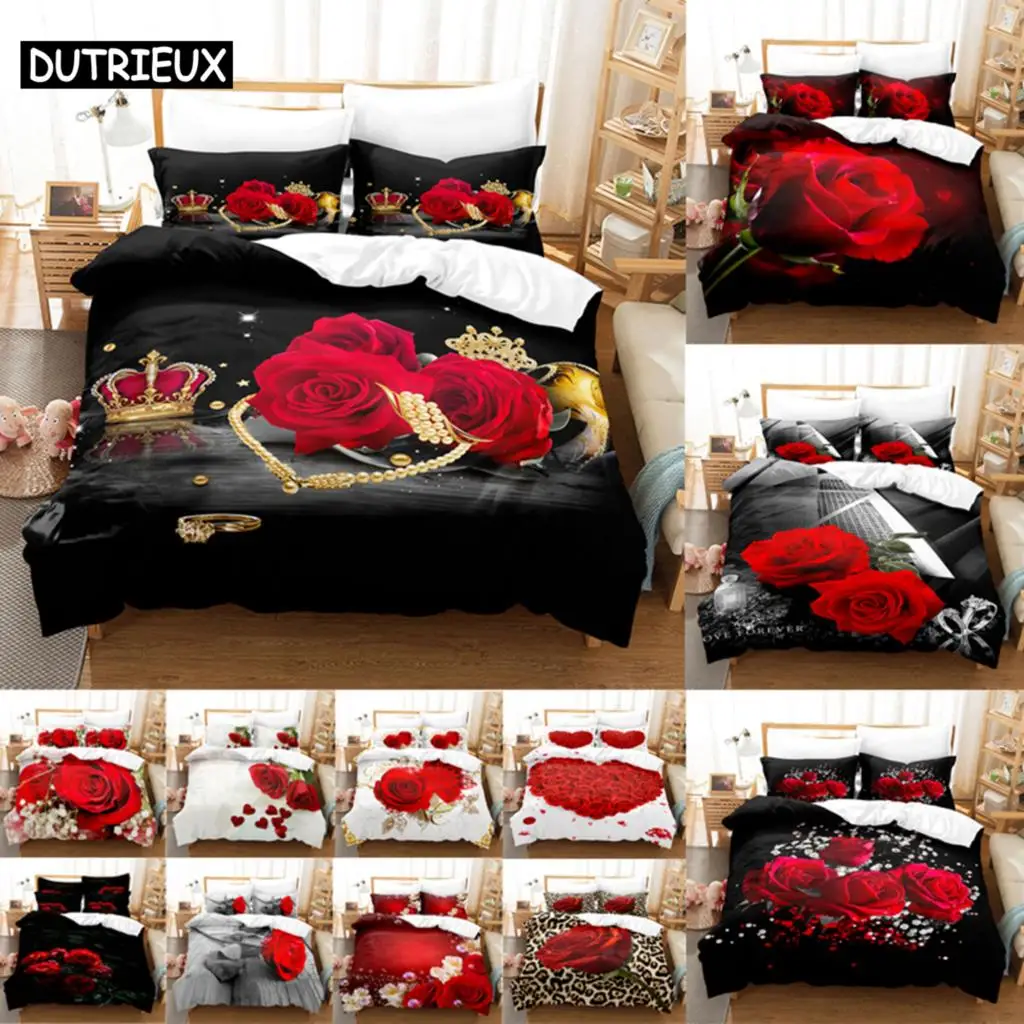 

3D Red Roses Duvet Cover Set with Flower Pillowcase - Available in Queen, King, Full, Single, Double Sizes