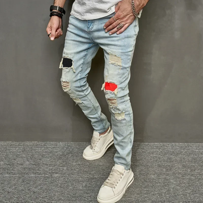 

Streetwear Men's Distressed Jeans Autumn Casual Ripped Patchwork Small Feet Pencil Pants Youth Slim Fit Stretch Denim Trousers