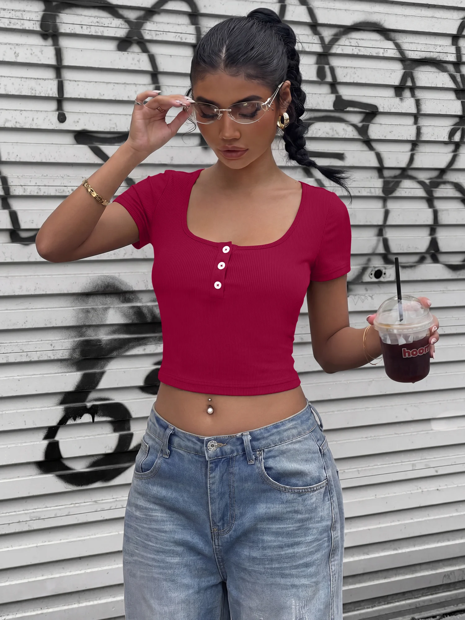 Women Slim Fit Ribbed Knit Cropped Blouse Square Neck Half Placket Buttons Short Sleeve Street Casual Tees
