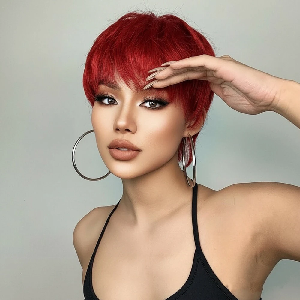 اللون الأحمر قصيرة عابث قطع شعر مستعار شعر طبيعي مفرود الباروكات مع الانفجارات قبل قطعها للنساء كامل آلة صنع قبعة شعر مستعار برازيلي