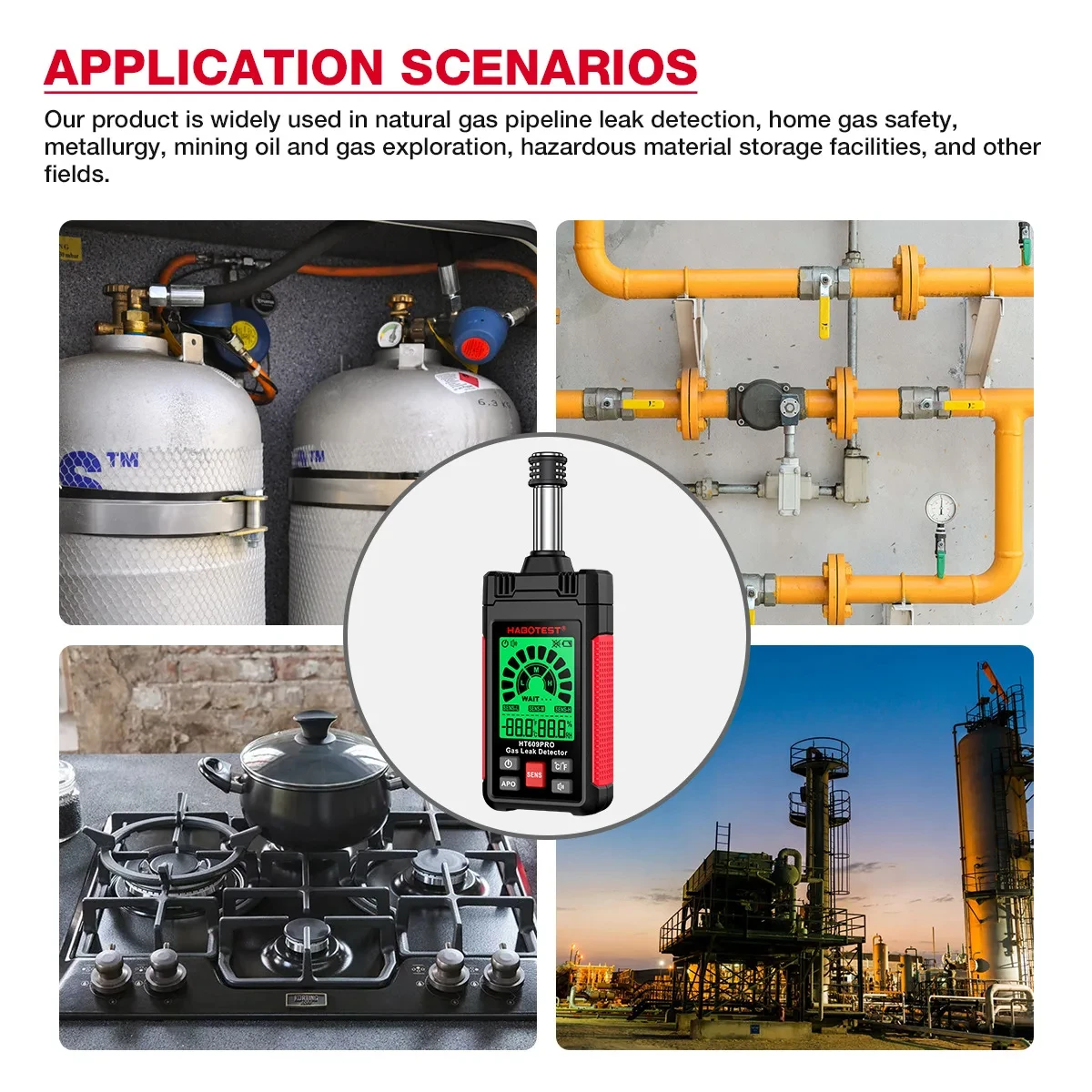 HT609/HT609PRO Portable Gas Leak Detector Handheld Combustible Flammable Natural Gas Tester with Visible Audible Alarm Monitor